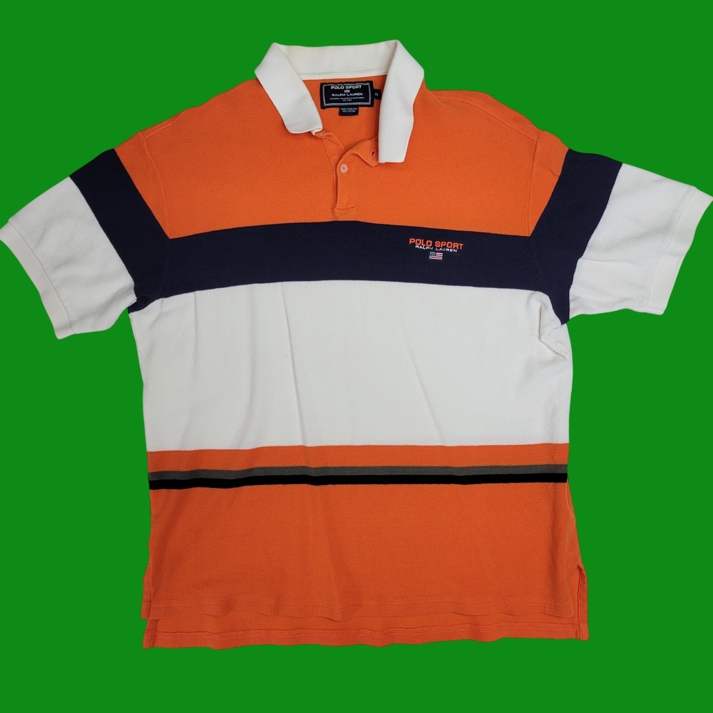 Polo Sport Ralph Lauren Orange White‎ Navy Colorblock Waffle Knit Polo Shirt XL